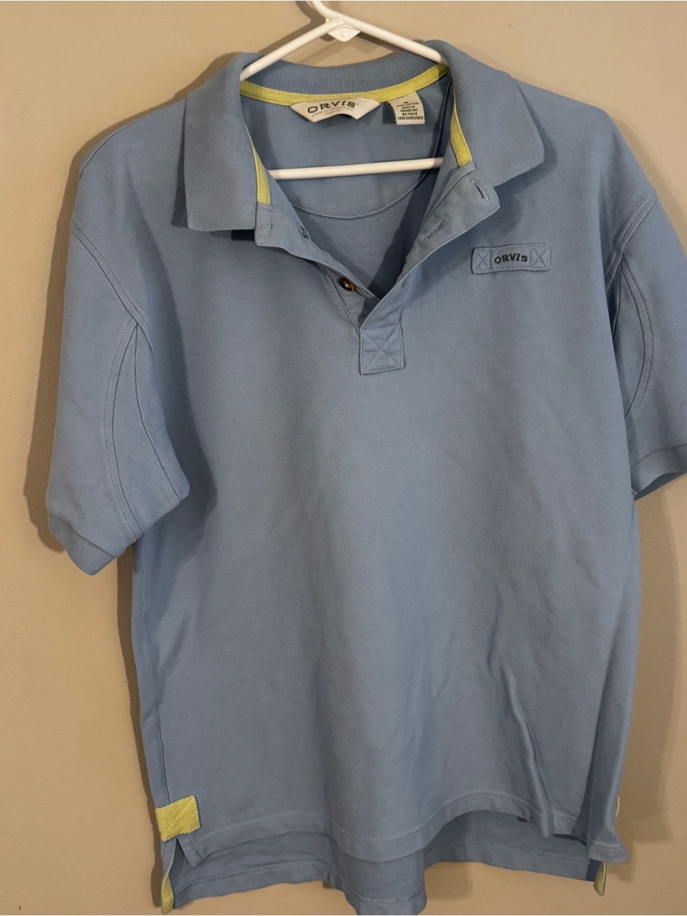 Orvis Mens Light Blue‎ Polo Shirt Green Trim 17A8 Medium